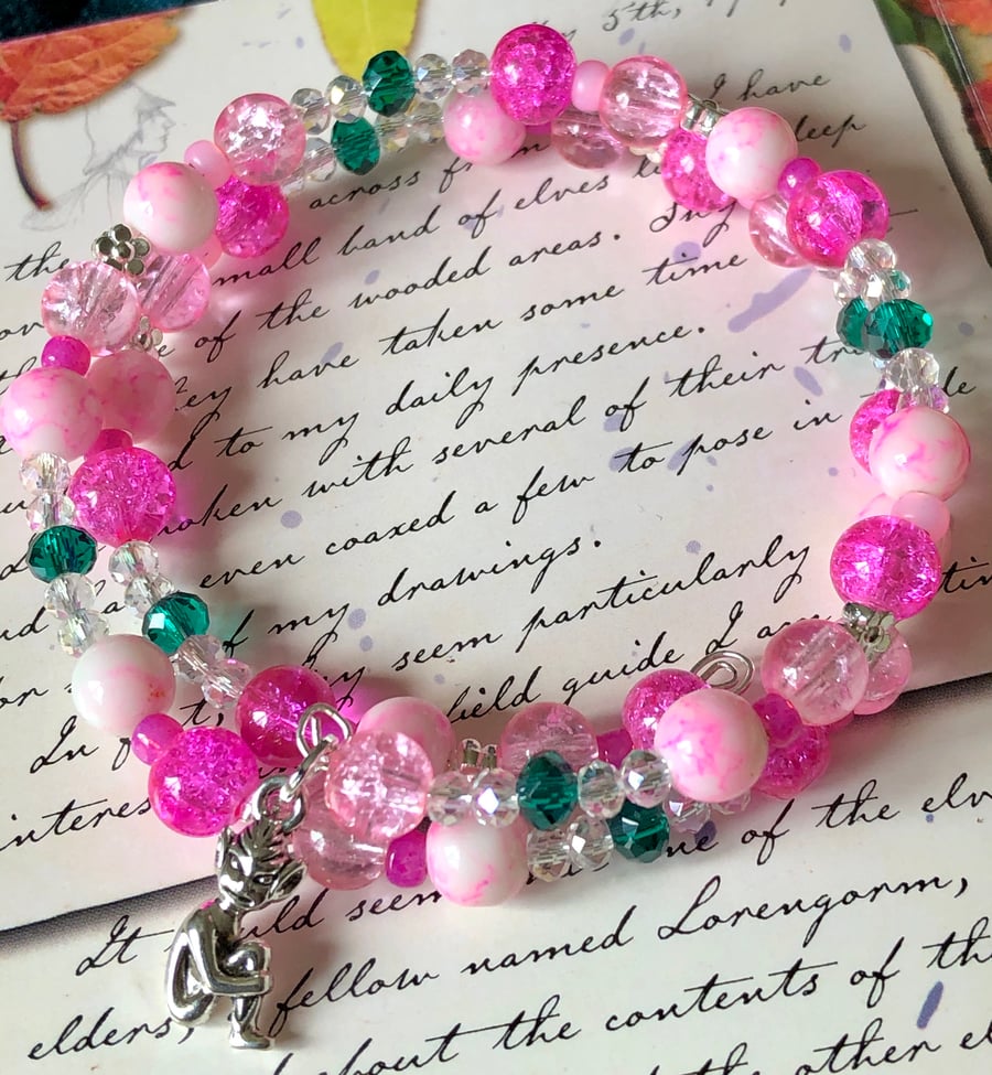 Lucky Cornish Pixie Pink and Green Beaded Wrap Bracelet