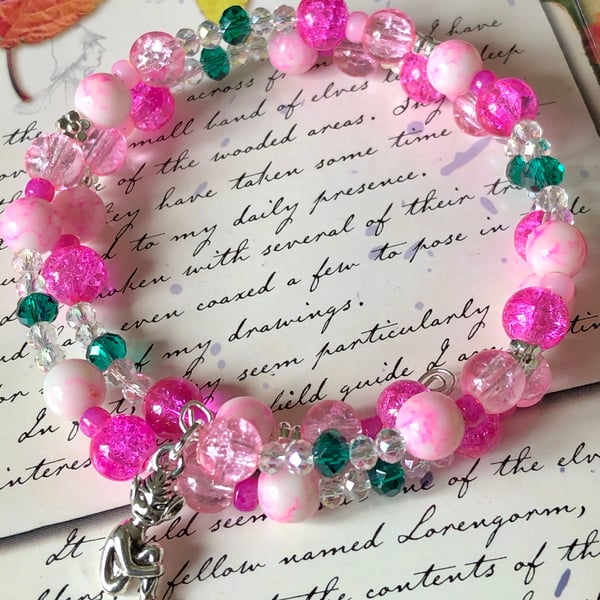 Lucky Cornish Pixie Pink and Green Beaded Wrap Bracelet