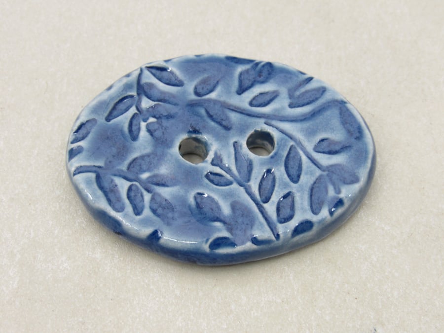 Large Ice Blue Sprig Oval Handmade Ceramic Button