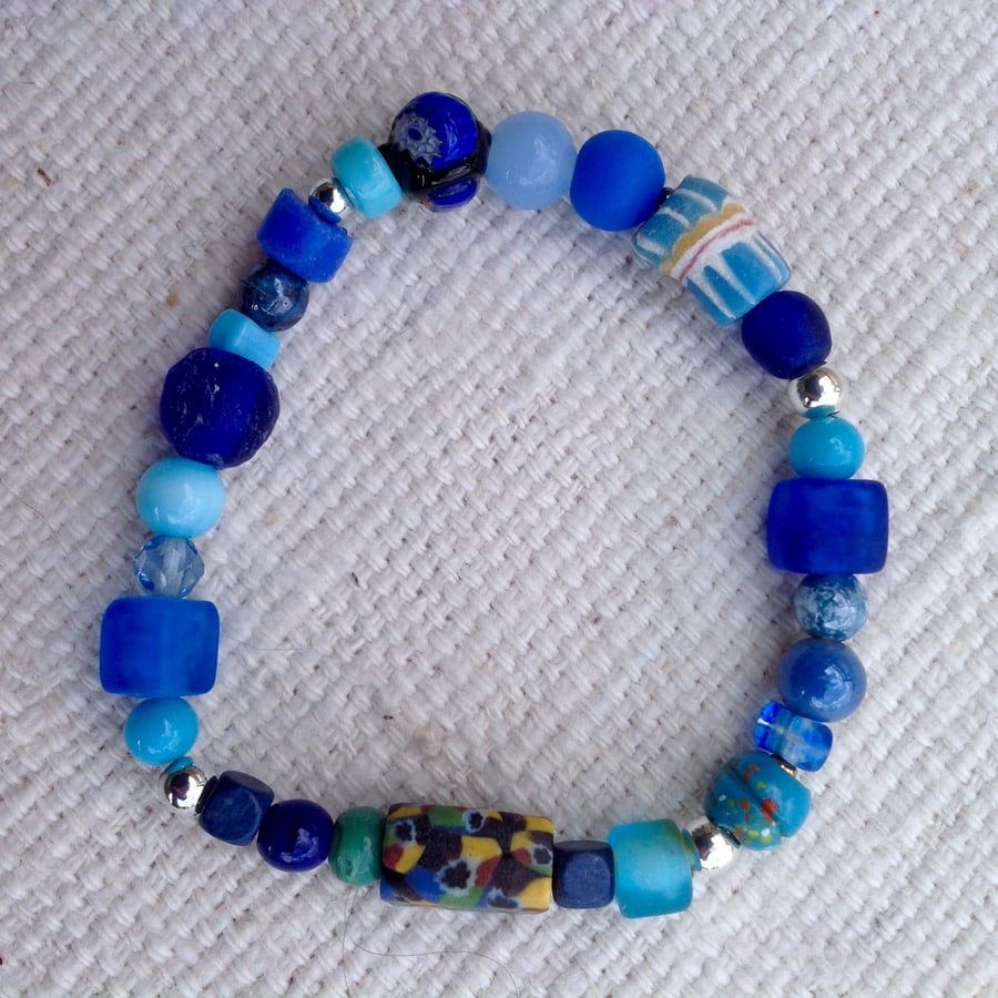 Turquoise and blue bracelet with interesting collection of unusual vintage beads
