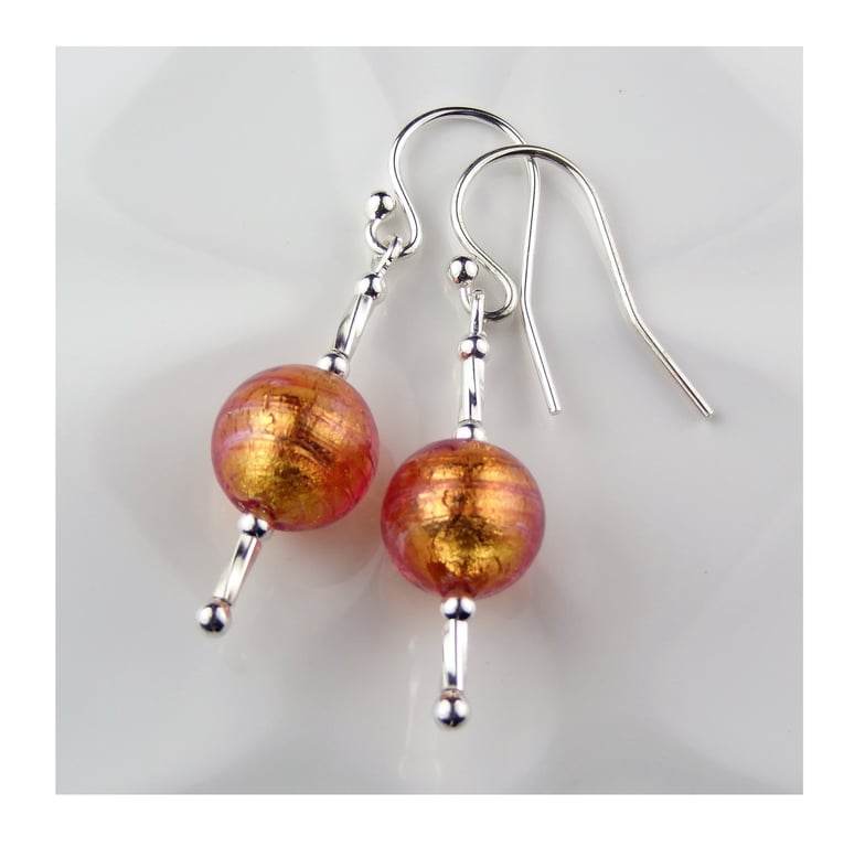 Sterling silver 8mm genuine Murano glass drop earrings with twist, copper gold