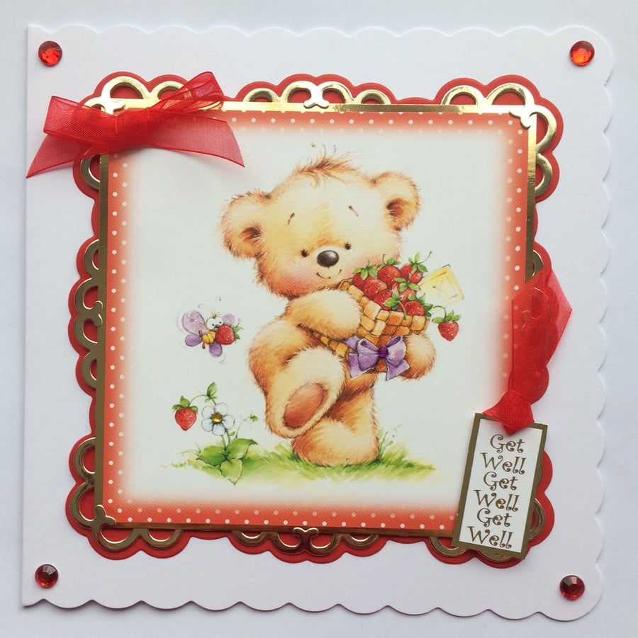 Get Well Card Cute Teddy Bear With Strawberries Get Well Soon