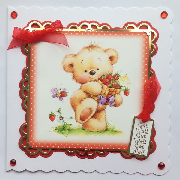 Get Well Card Cute Teddy Bear With Strawberries Get Well Soon