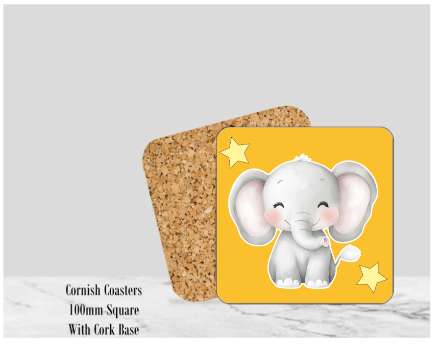 Baby Elephant Yellow Coaster 4" Square With Cork Base