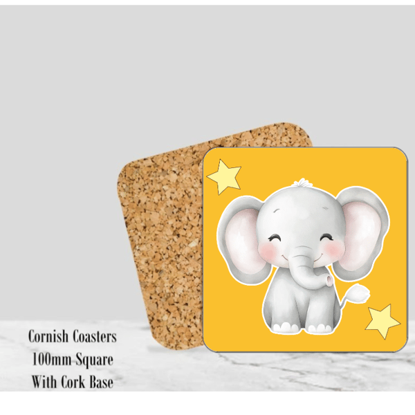 Baby Elephant Yellow Coaster 4" Square With Cork Base