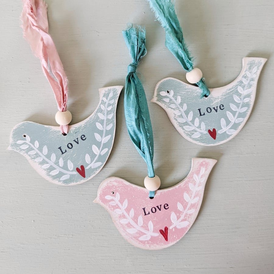 Painted Wooden Bird Hanging Decoration 'Love'