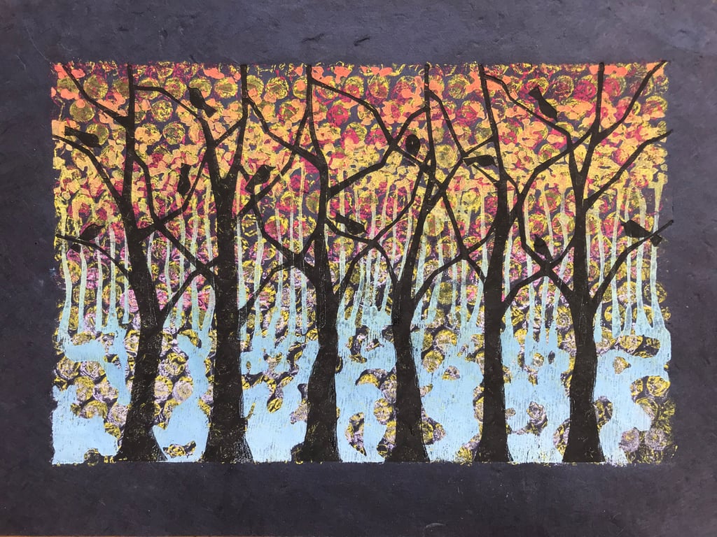 Oak Wood on blue linocut and monoprint