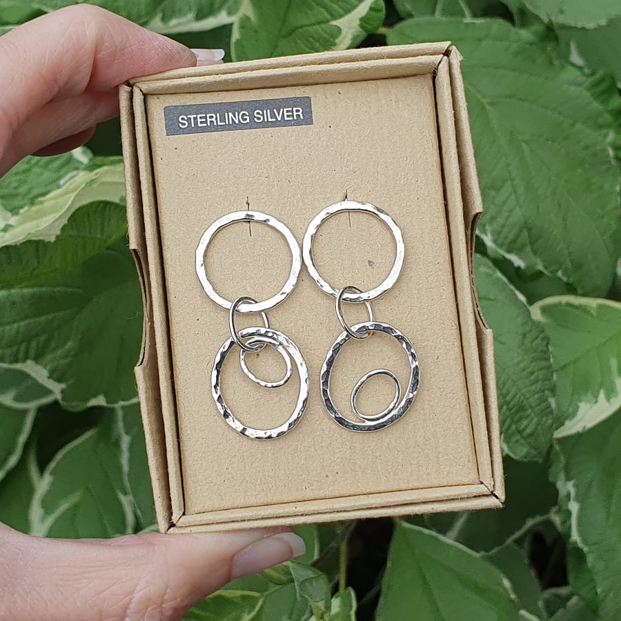 Dangle-Drop Hammered Circle & Oval Earrings (Sterling Silver) (A) (OOAK)