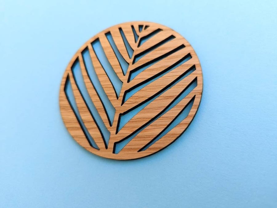 Palm leaf oak wood coasters, plant lover wooden coaster, plant herb leaf Oak