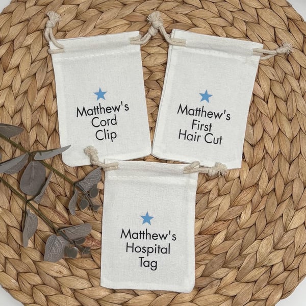 Personalised Baby Keepsake Bag, First Haircut, Cord Clip, Hospital Tag
