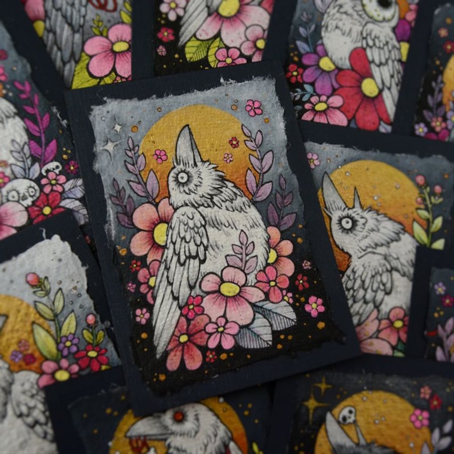 white raven in spring blossom - original aceo illustration