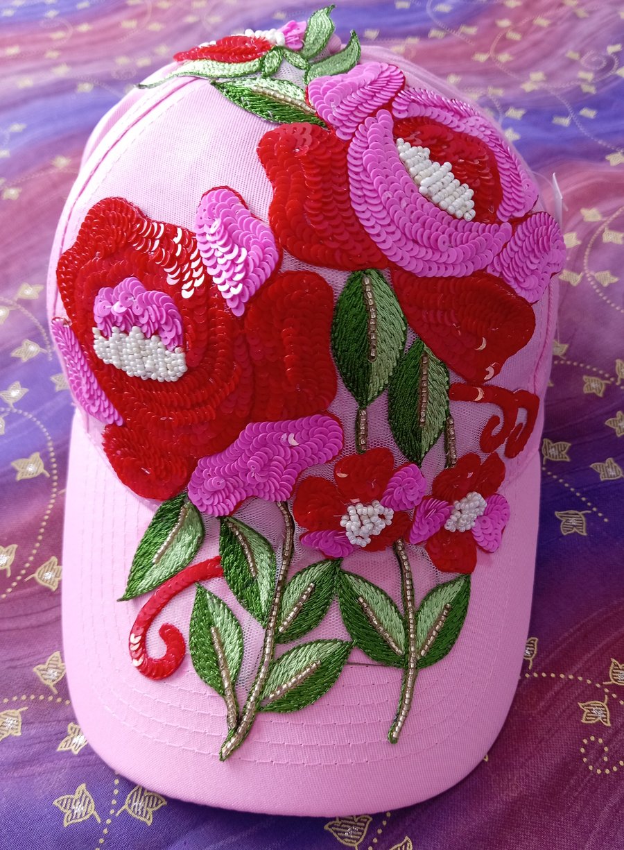 Baby Pink Hand Embellished Bling Baseball Cap Festival Beach Wear 