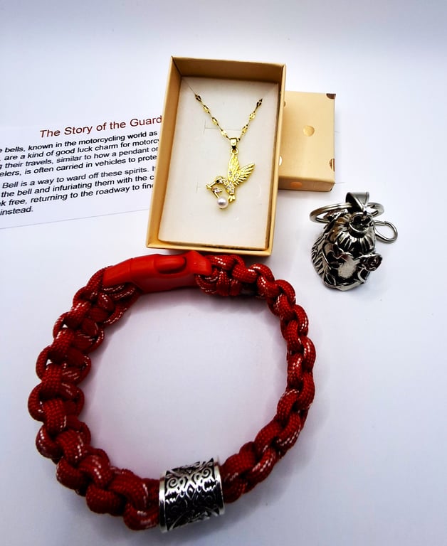 Lady Bikers Gift Box, Bikers Bell Gremlin Bell Gold Necklace Paracord Bracelet 