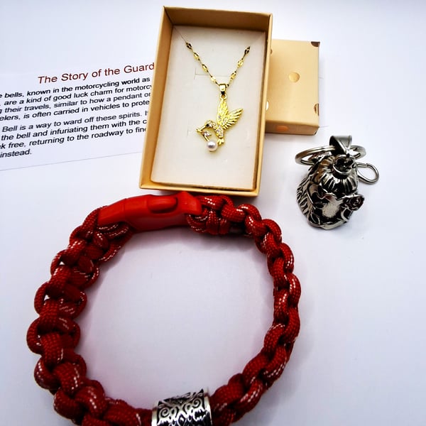 Lady Bikers Gift Box, Bikers Bell Gremlin Bell Gold Necklace Paracord Bracelet 