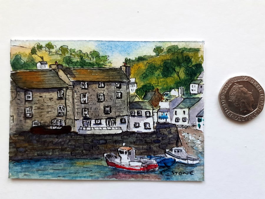ACEO miniature original watercolour painting, Polperro, Cornwall