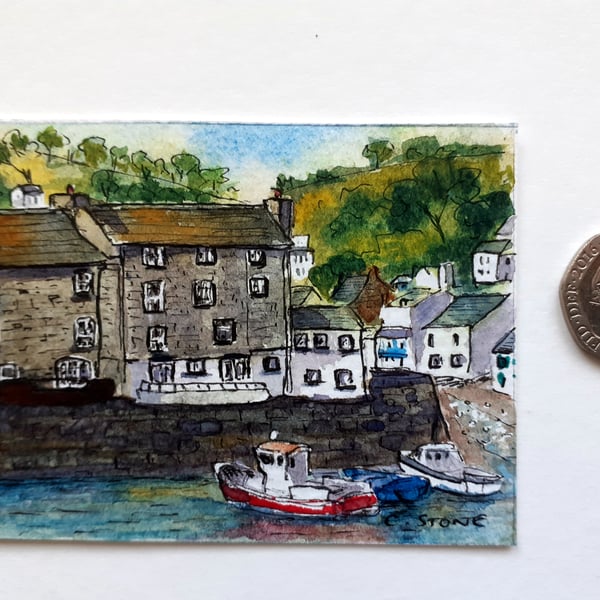 ACEO miniature original watercolour painting, Polperro, Cornwall