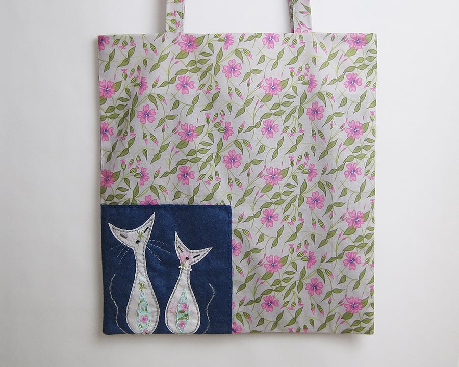 Grey campion print lined tote bag with hand appliquéd mid century cats