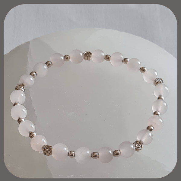 Rose Quartz and Sterling Silver Beaded Stacker Bracelet with Rose beads