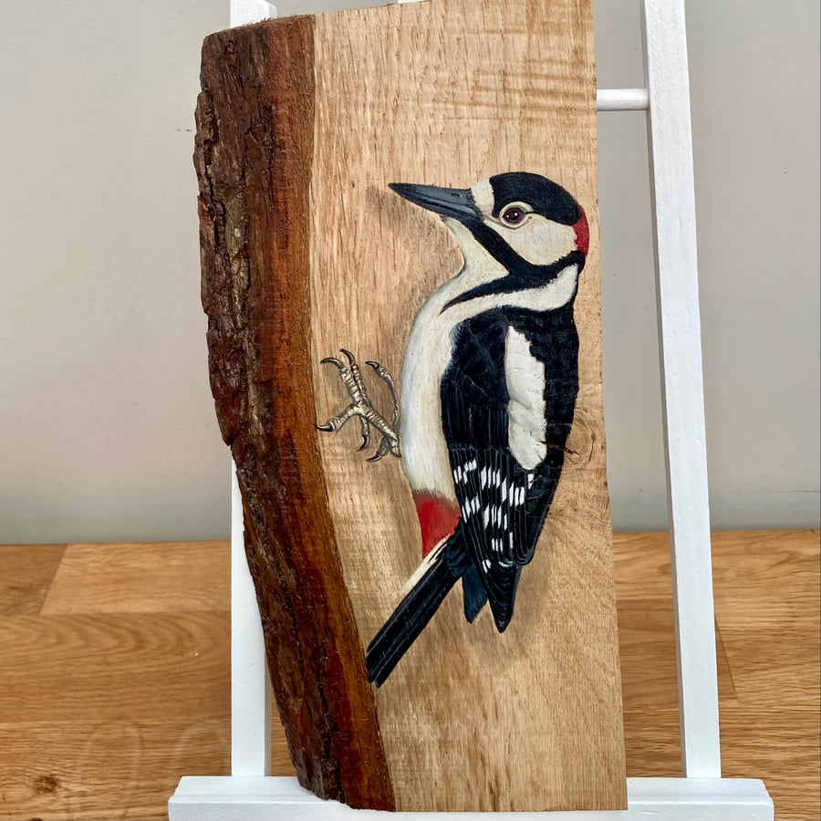 Greater spotted woodpecker original painting on oak