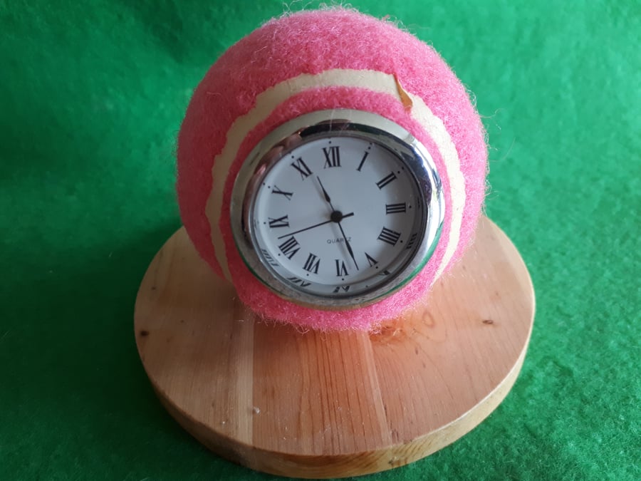 Pink Real Tennis Ball Clock (Roman numeral dial)