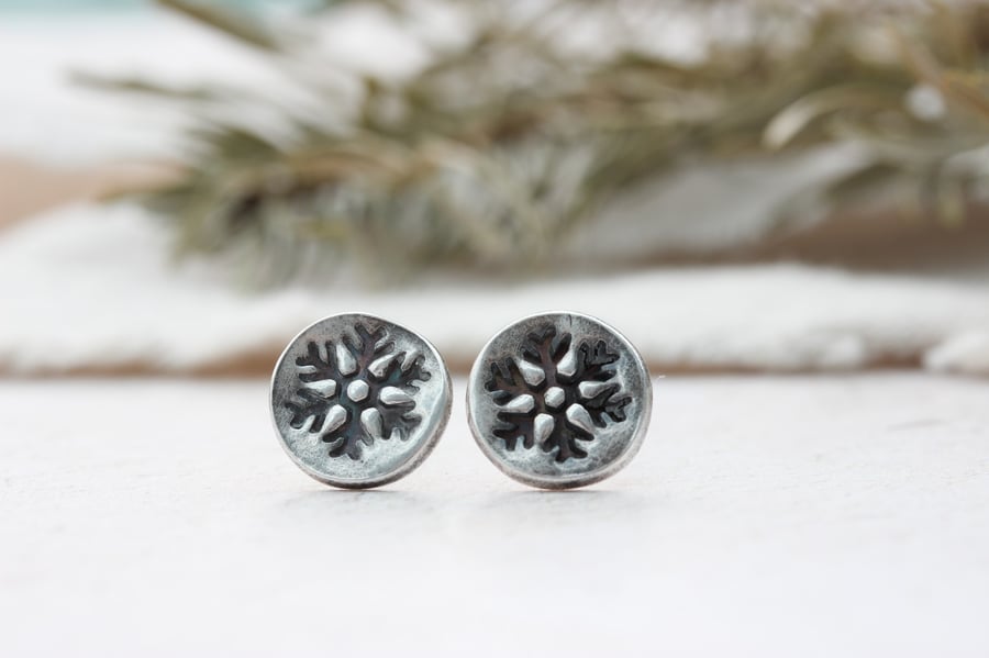 Recycled Silver Snowflake Stud Earrings