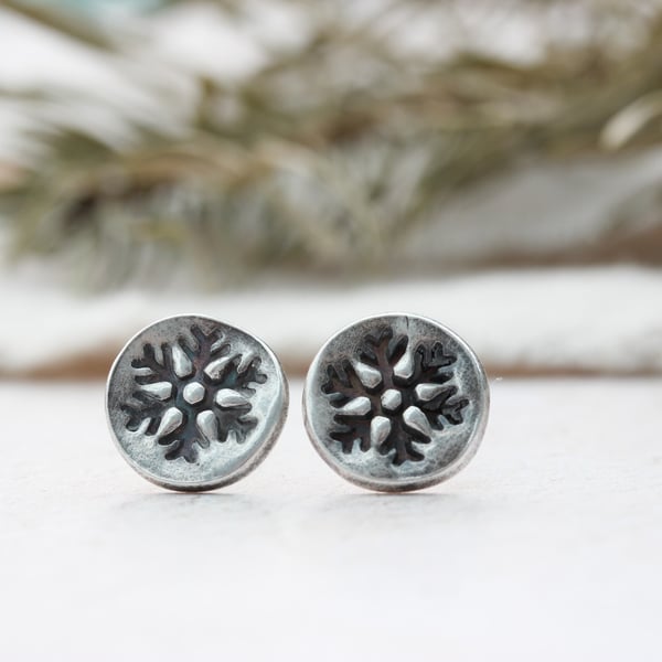 Recycled Silver Snowflake Stud Earrings