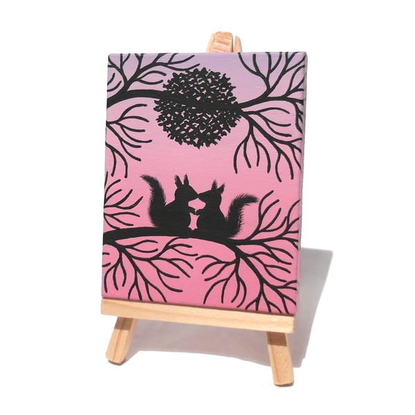Squirrel Silhouette Mini Painting on Pink Canvas - original art Valentine's gift