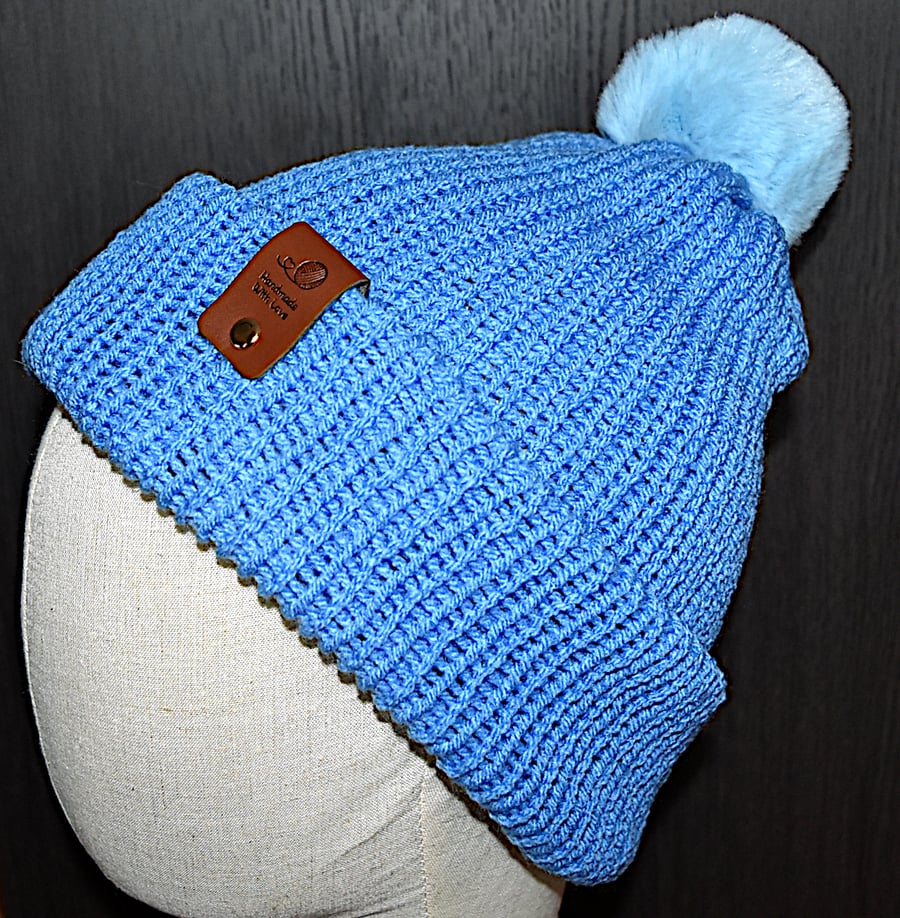 Handcrafted Hat with Faux Rabbit Fur Pompom Bluebell Coloured