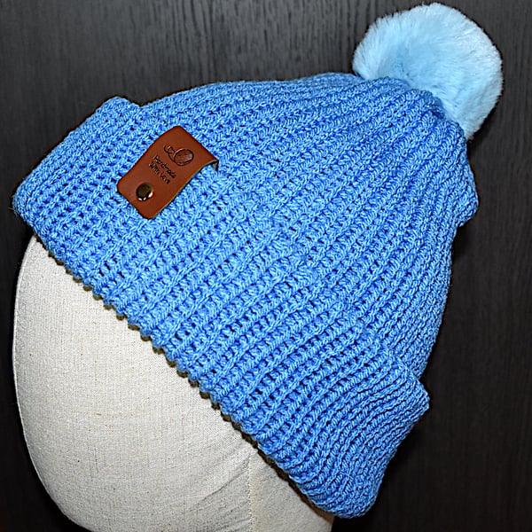 Handcrafted Hat with Faux Rabbit Fur Pompom Bluebell Coloured