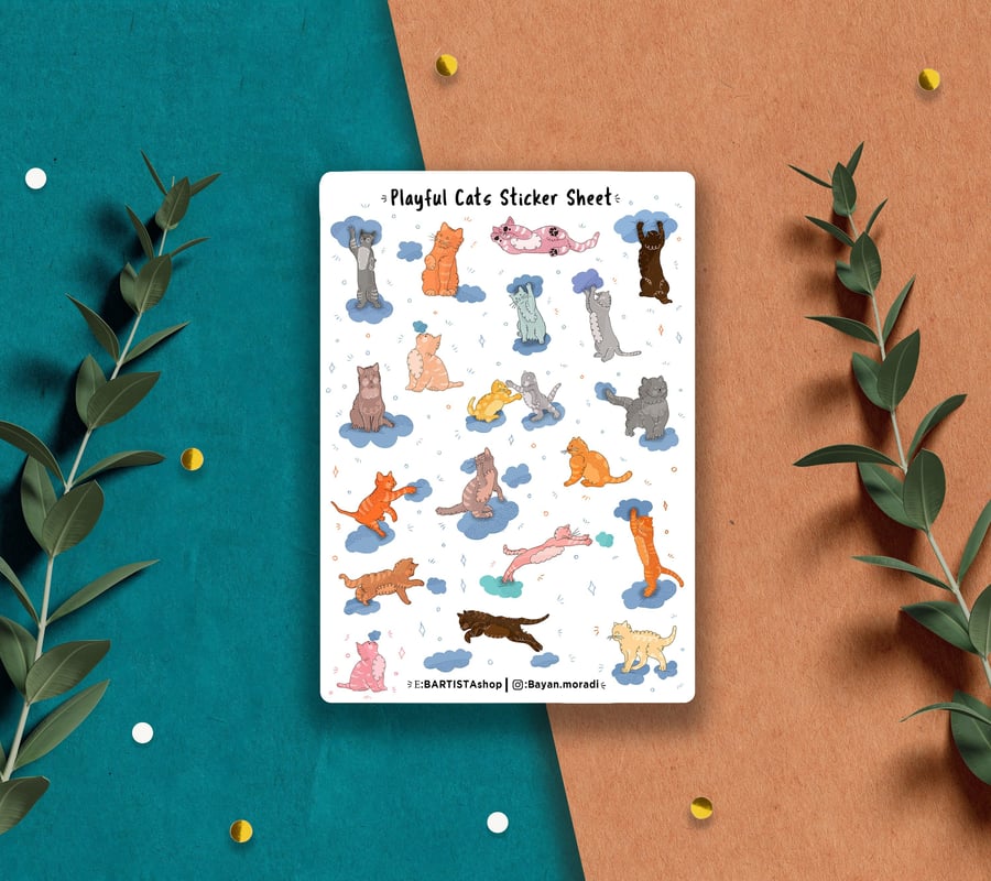 Playful cats sticker sheet, planner stickers, bullet journal stickers, cat art
