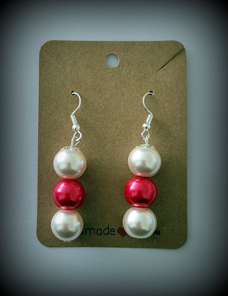 10mm Cream & Red Glass Pearl Dangle Earrings on Silver Plated Earring Hooks