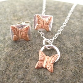 Butterfly Necklace and Earring Jewellery Set Copper & Silver Pendant 