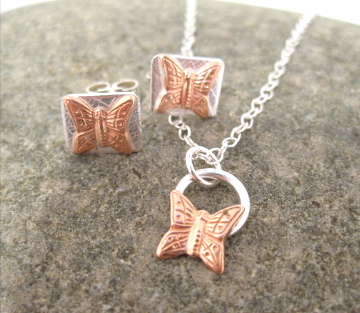 Butterfly Necklace and Earring Jewellery Set Copper & Silver Pendant 