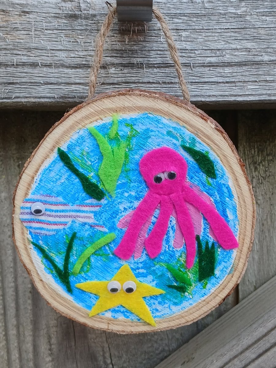 Wooden and fabric sea creatures wall art