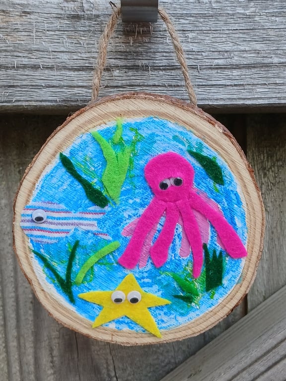 Wooden and fabric sea creatures wall art