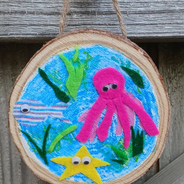 Wooden and fabric sea creatures wall art