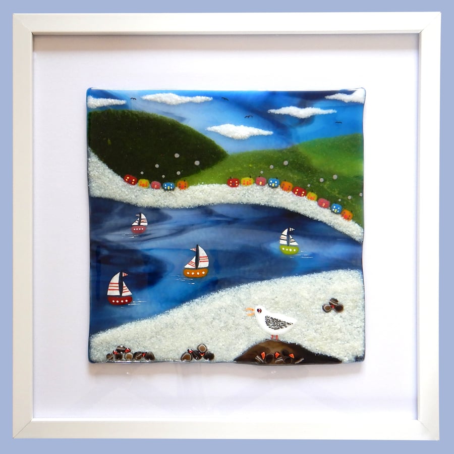 HANDMADE FUSED GLASS  'BOATING' PICTURE
