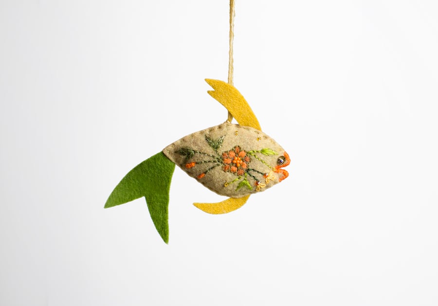 Big hay coloured hand embroidered fish-shaped bag charm, ornament - Big Gilbert