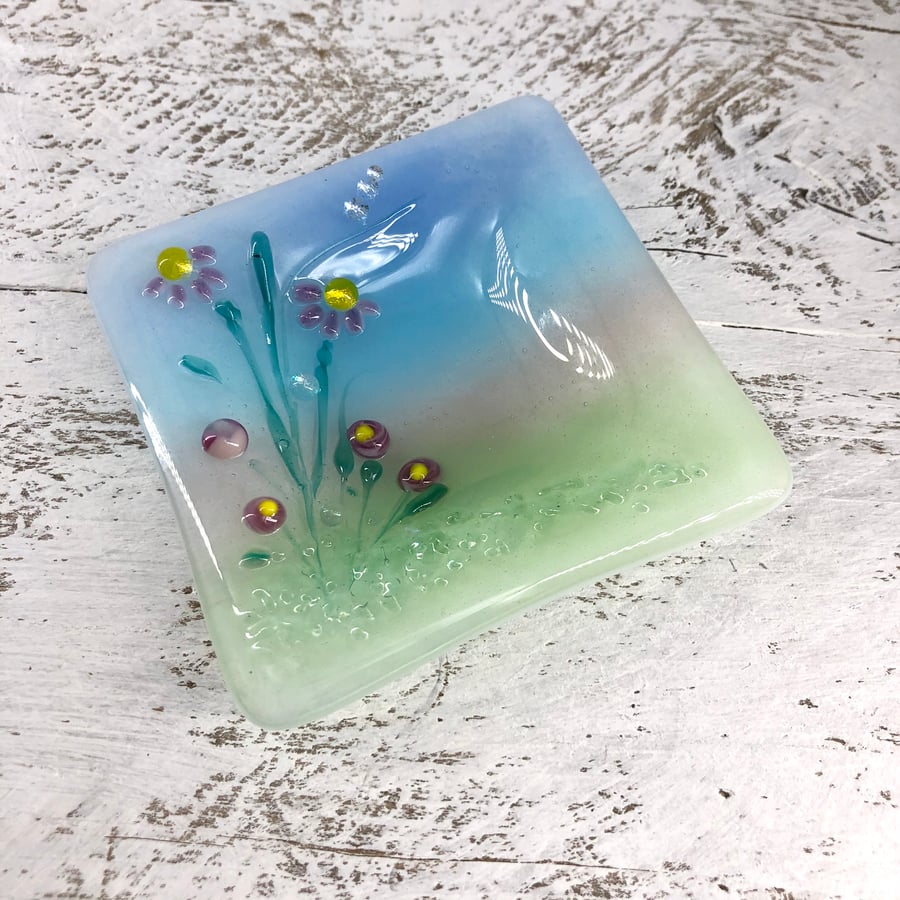 Flower Meadow Ring or Trinket Dish - Fused glass with lamp work detail  