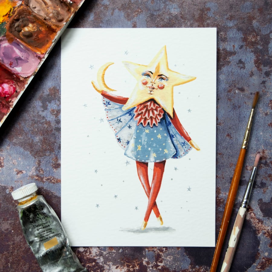Mini print of a star girl called Jasmine. Hand embellished