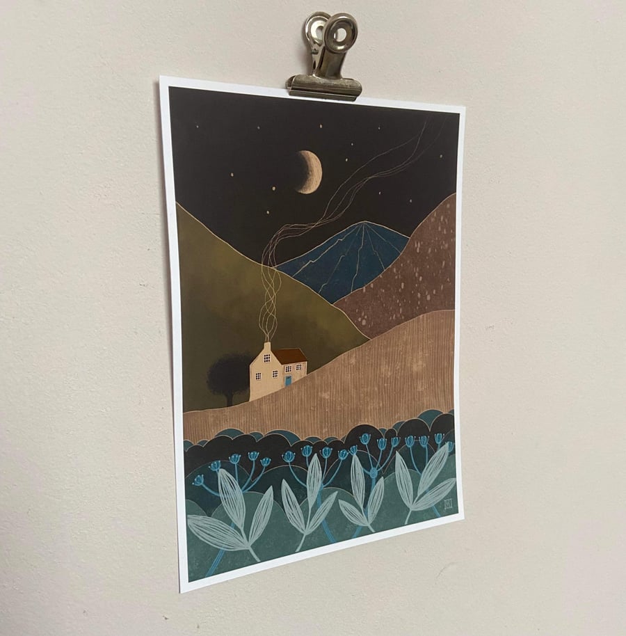 A5 Art print illustration wall art rural cottage under a moon