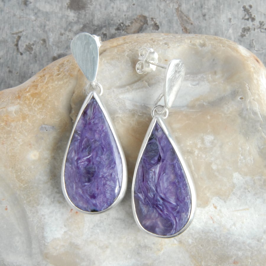 Purple Charoite and sterling silver drop earrings