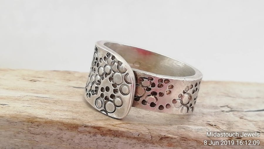 Chunky handmade Stamped wrap over Silver or Gold Wedding Dress Ring 