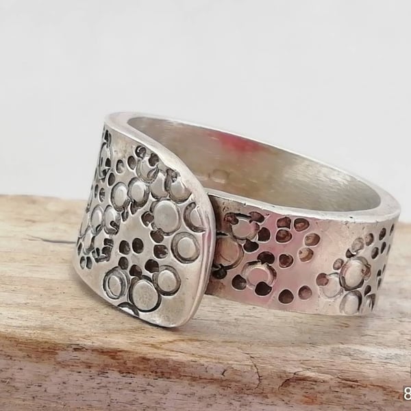 Chunky handmade Stamped wrap over Silver or Gold Wedding Dress Ring 