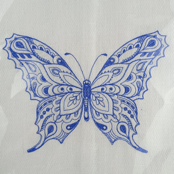 Blue Butterfly Tea Towel - Machine embroidered butterfly on a white tea towel