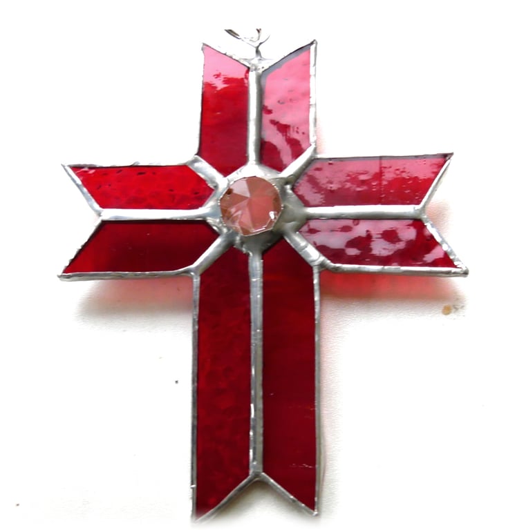 Cross Red Suncatcher Stained Glass Handmade Crystal 059