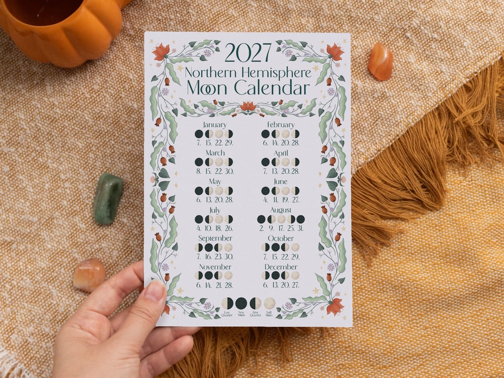 2027 Moon Calendar - Illustrated Lunar A5 Wall Art - Northern Hemisphere