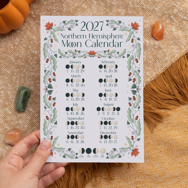 2027 Moon Calendar - Illustrated Lunar A5 Wall Art - Northern Hemisphere