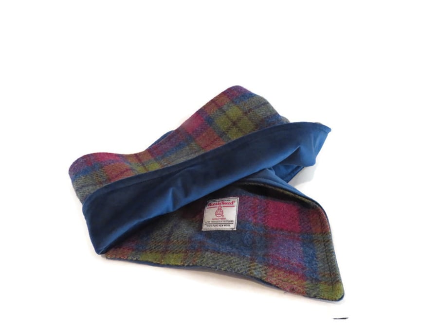 Harris tweed scarf raspberry, green and blue scarf lined with marine blue velvet