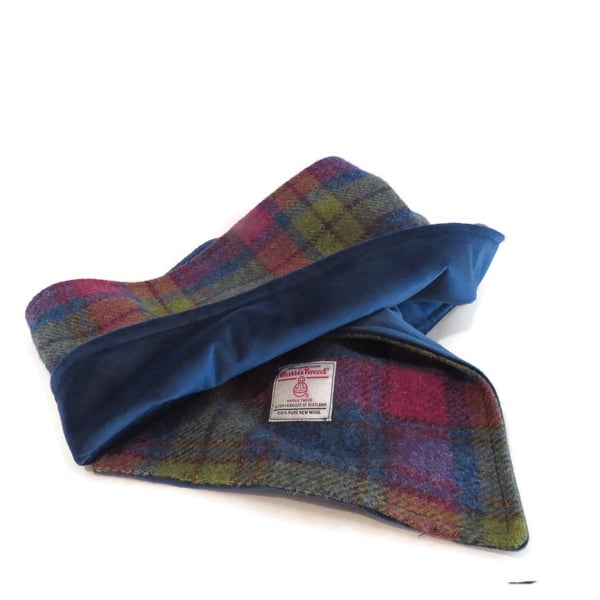 Harris tweed scarf raspberry, green and blue scarf lined with marine blue velvet